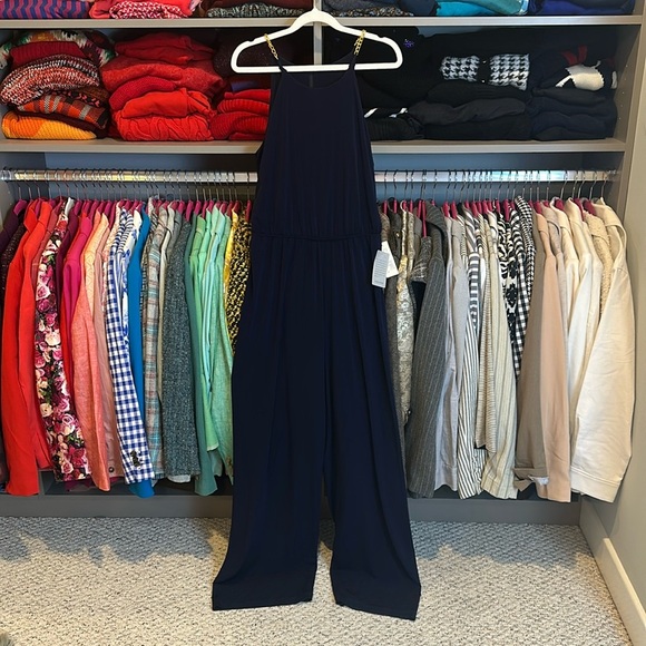 Trash + Sophie navy sleeveless gold chain detail back zipper jumpsuit size M NWT - Picture 1 of 3